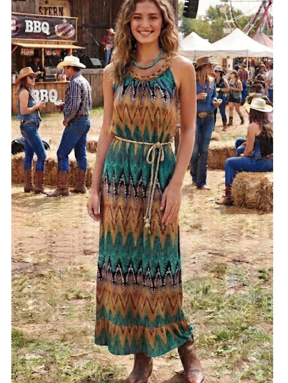 Scully Boho Aztec Chevron Print Halter Maxi Dress Size Medium